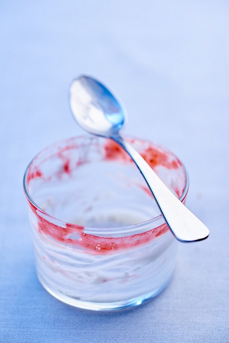 An empty dessert glass with a spoon
