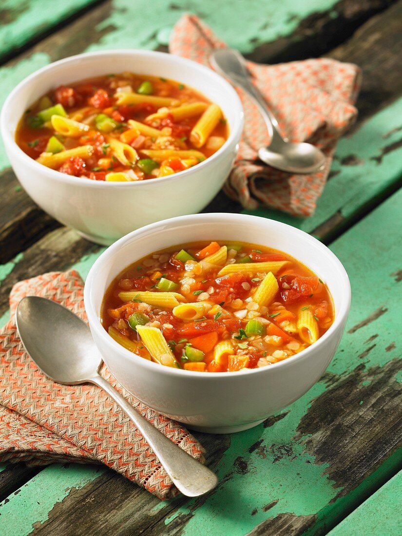 Minestrone soup with spring vegetables and penne pasta