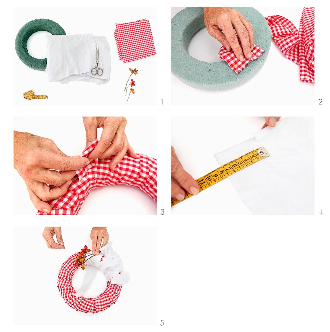 Instructions for covering a wreath in red and white gingham fabric