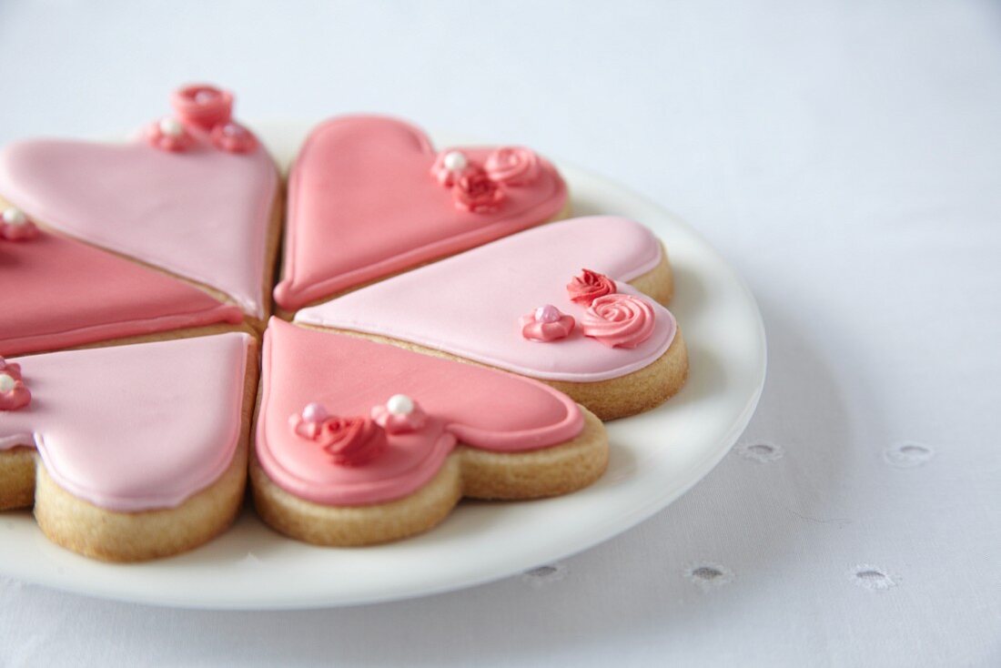 Pink heart-shaped biscuits for Valentine's Day