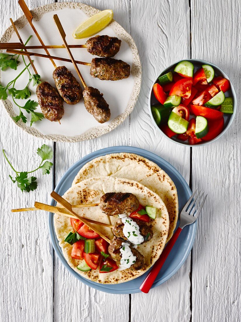 Kofta with Greek salad (seen from above)