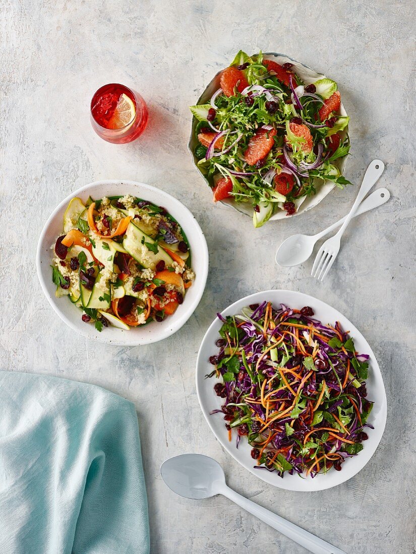 Three summer salads (seen from above)