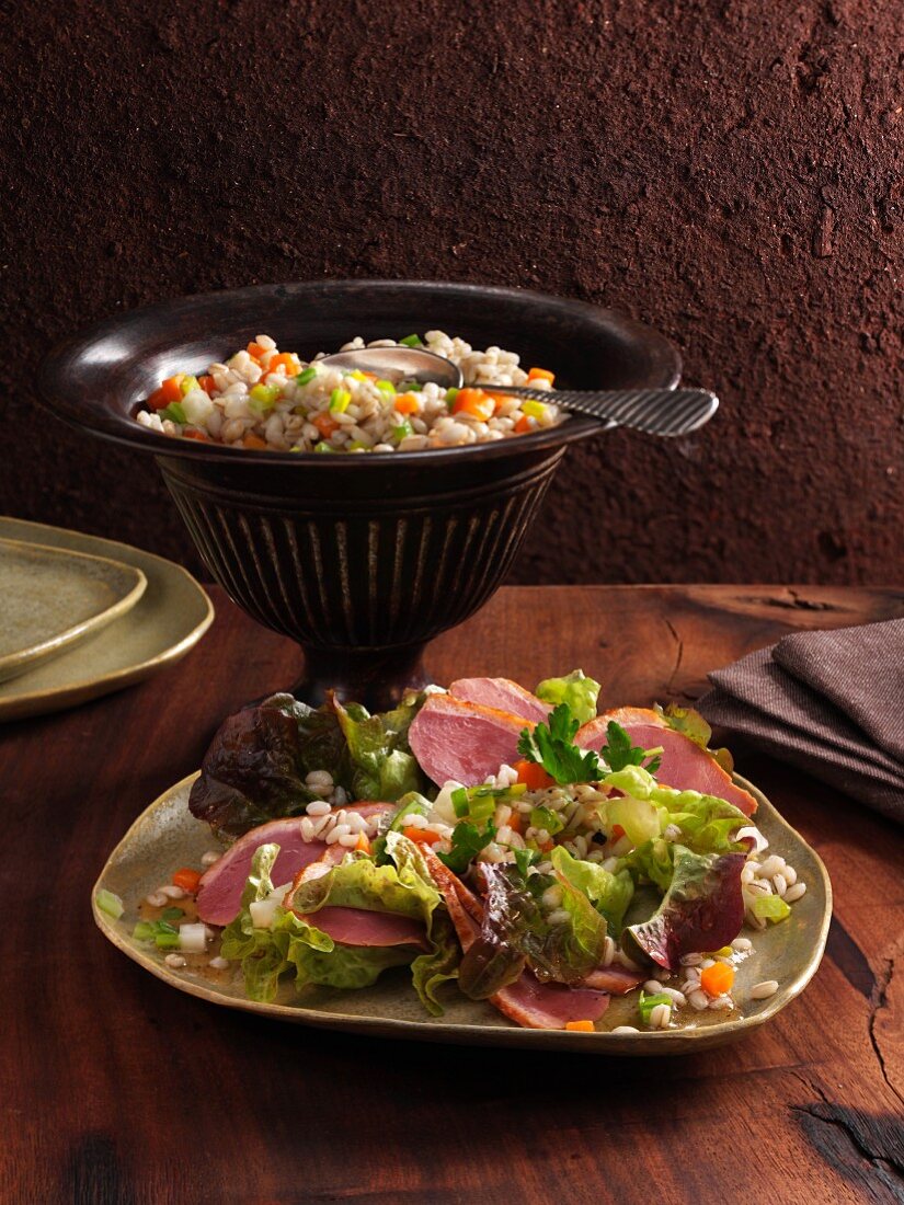 Barley salad with smoked duck breast