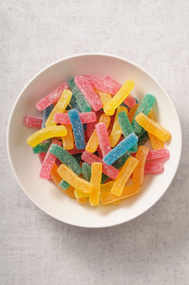 A bowl of colourful fruit gummys