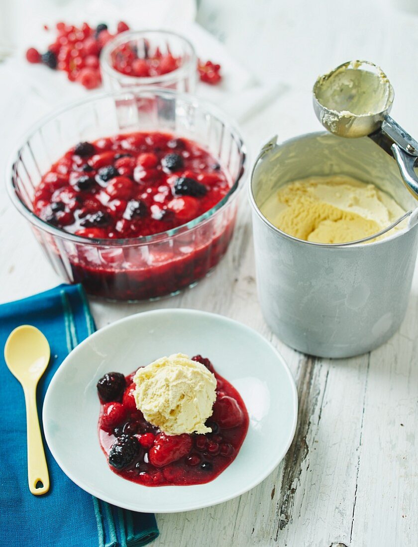 Red berry jelly with vanilla ice cream