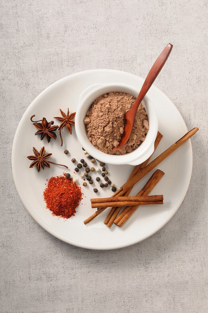 Cocoa powder and various spices (seen from above)