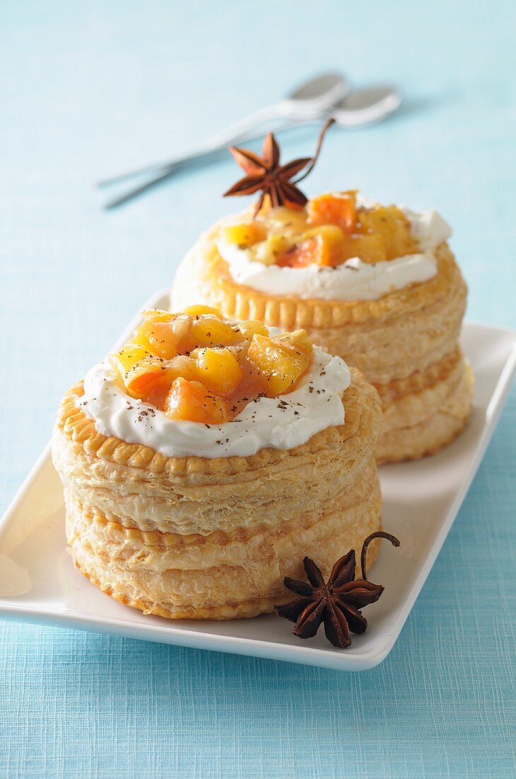 Vol-au-vents filled with spiced compote and orange cream