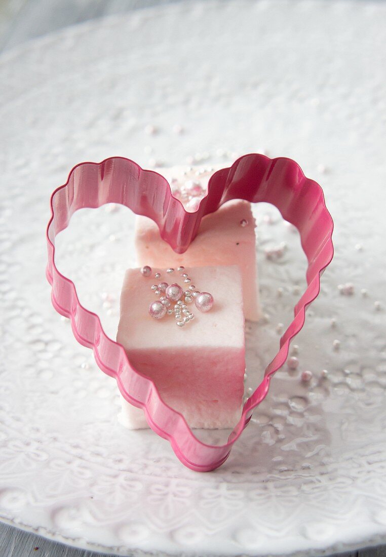 Marshmallows with sugar beads and a heart shaped cutter