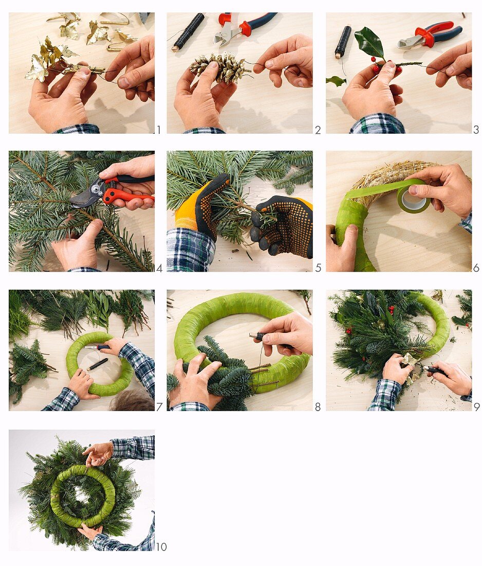 Instructions for tying an Advent wreath of fir branches decorated with holly berries, gilded ivy and pine cones