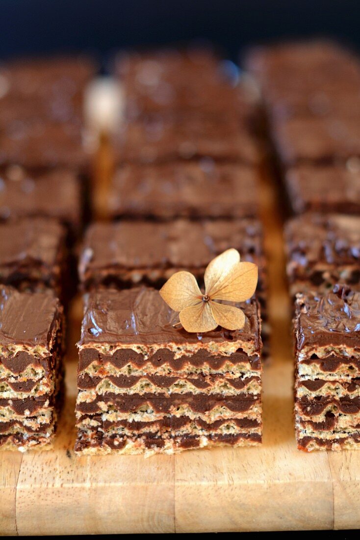 Chocolate wafer biscuits on the chopping board