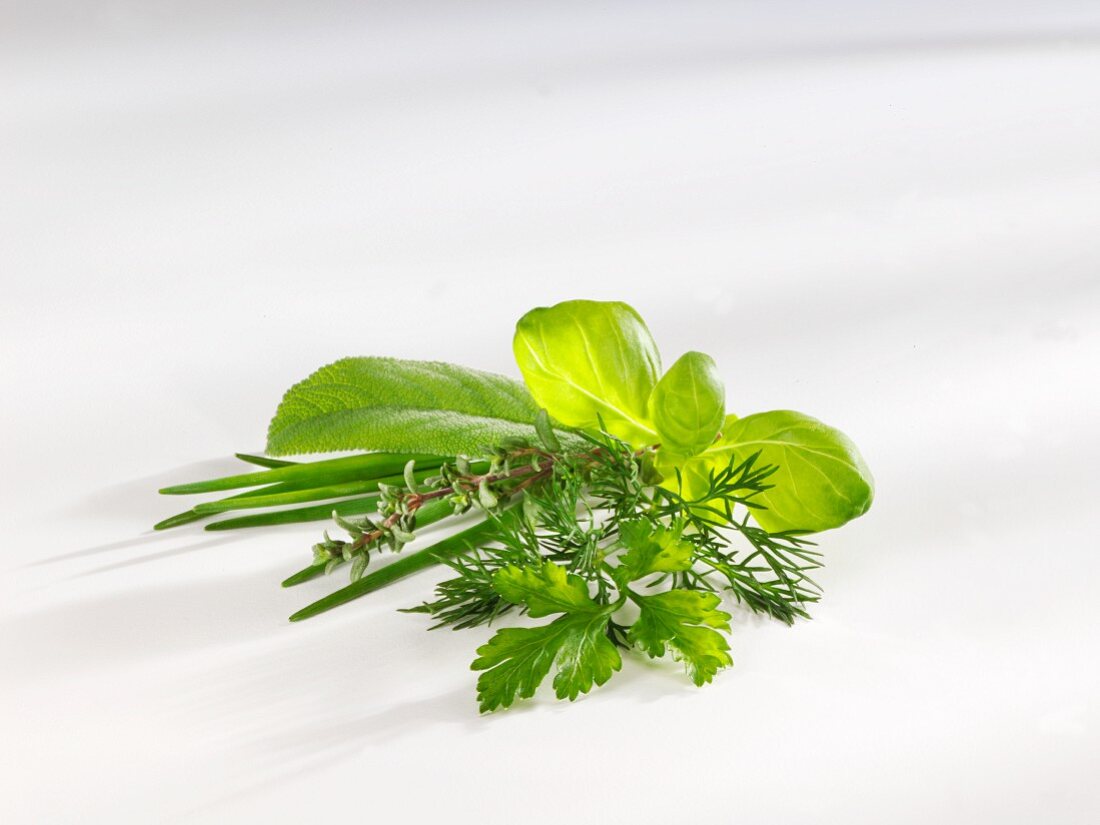 A bunch of herbs on a white surface