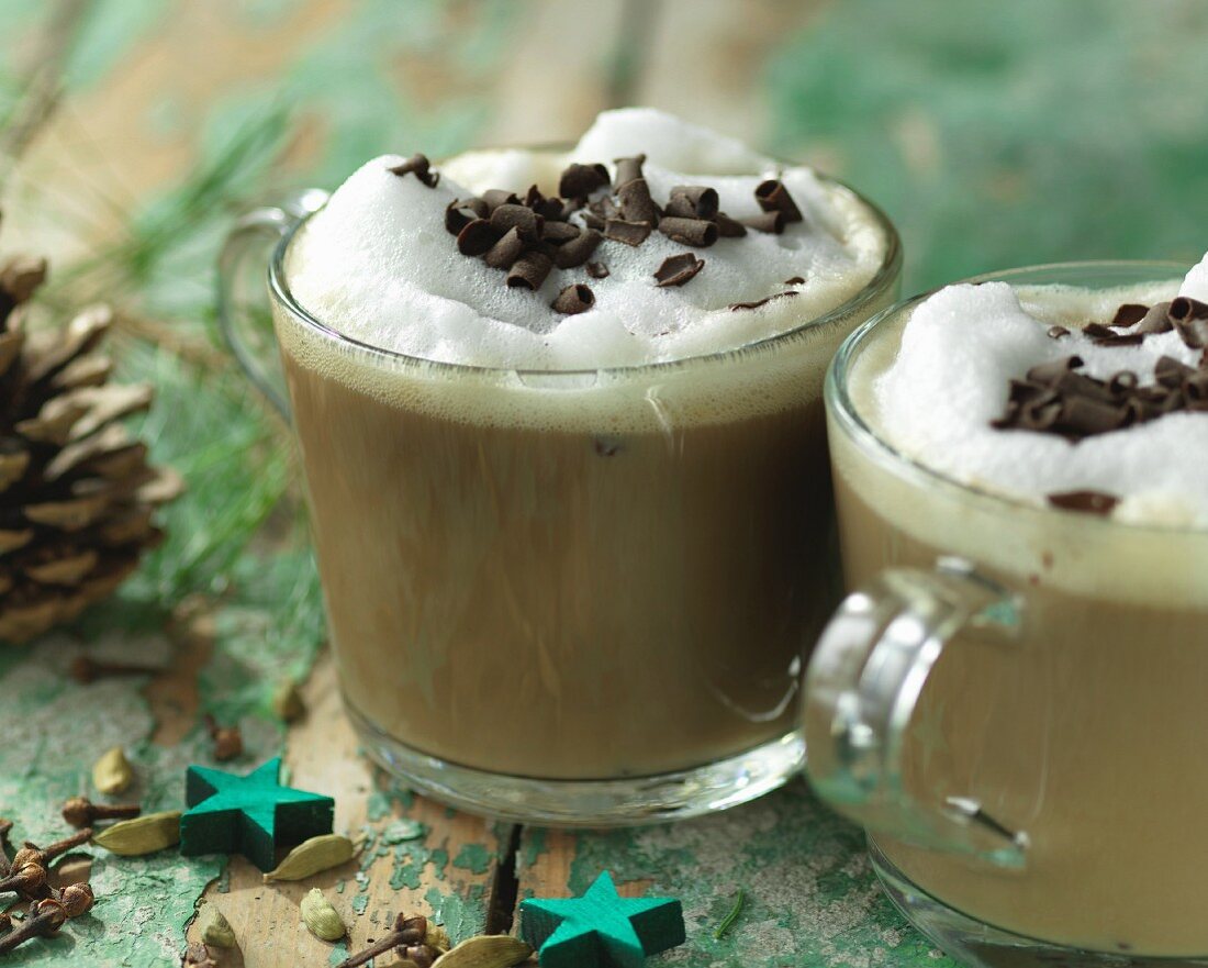 Coffee with Christmas spices and grated chocolate