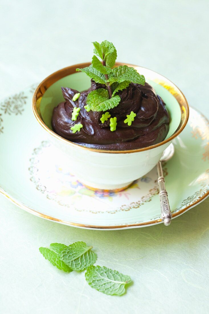 Chocolate mousse with mint in a cup