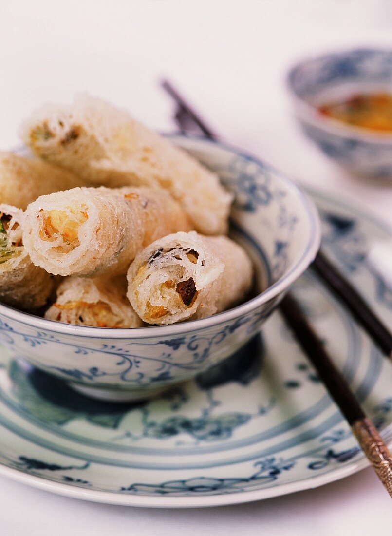 Vietnamese spring rolls with a vegetable, prawn and mushroom filling