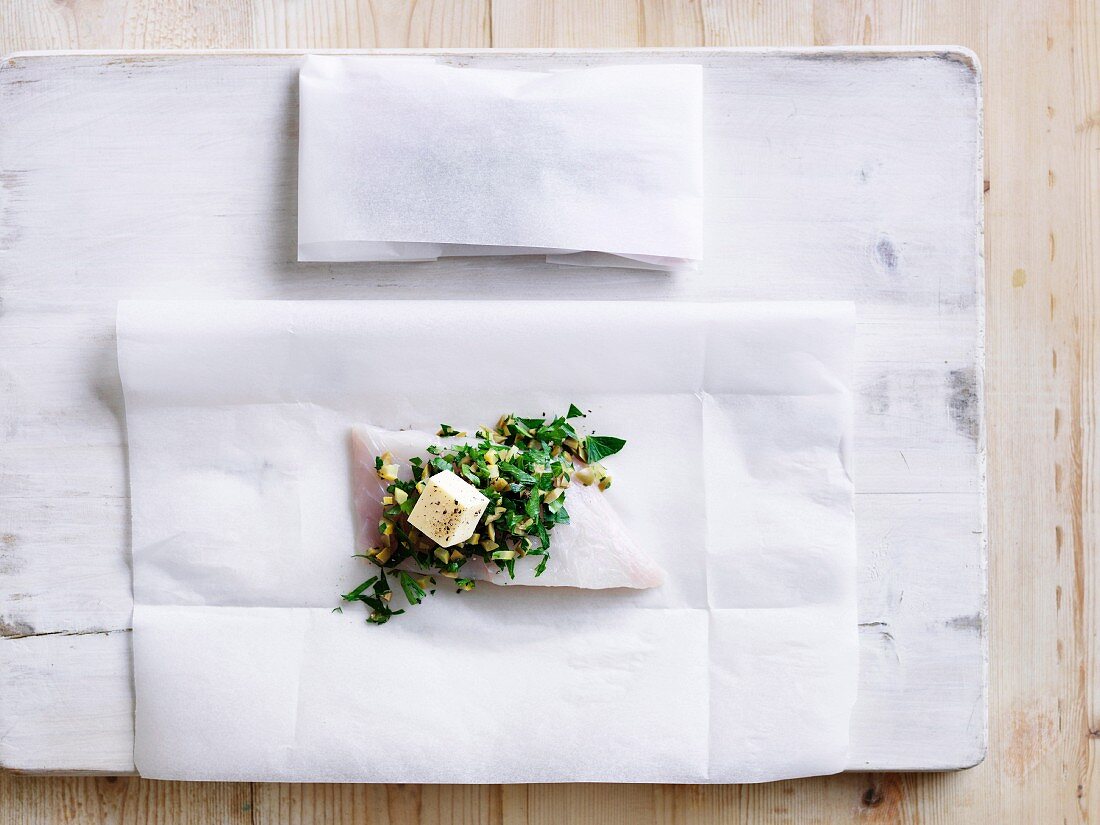 Fish in Paper with green olive and preserved lemon salsa