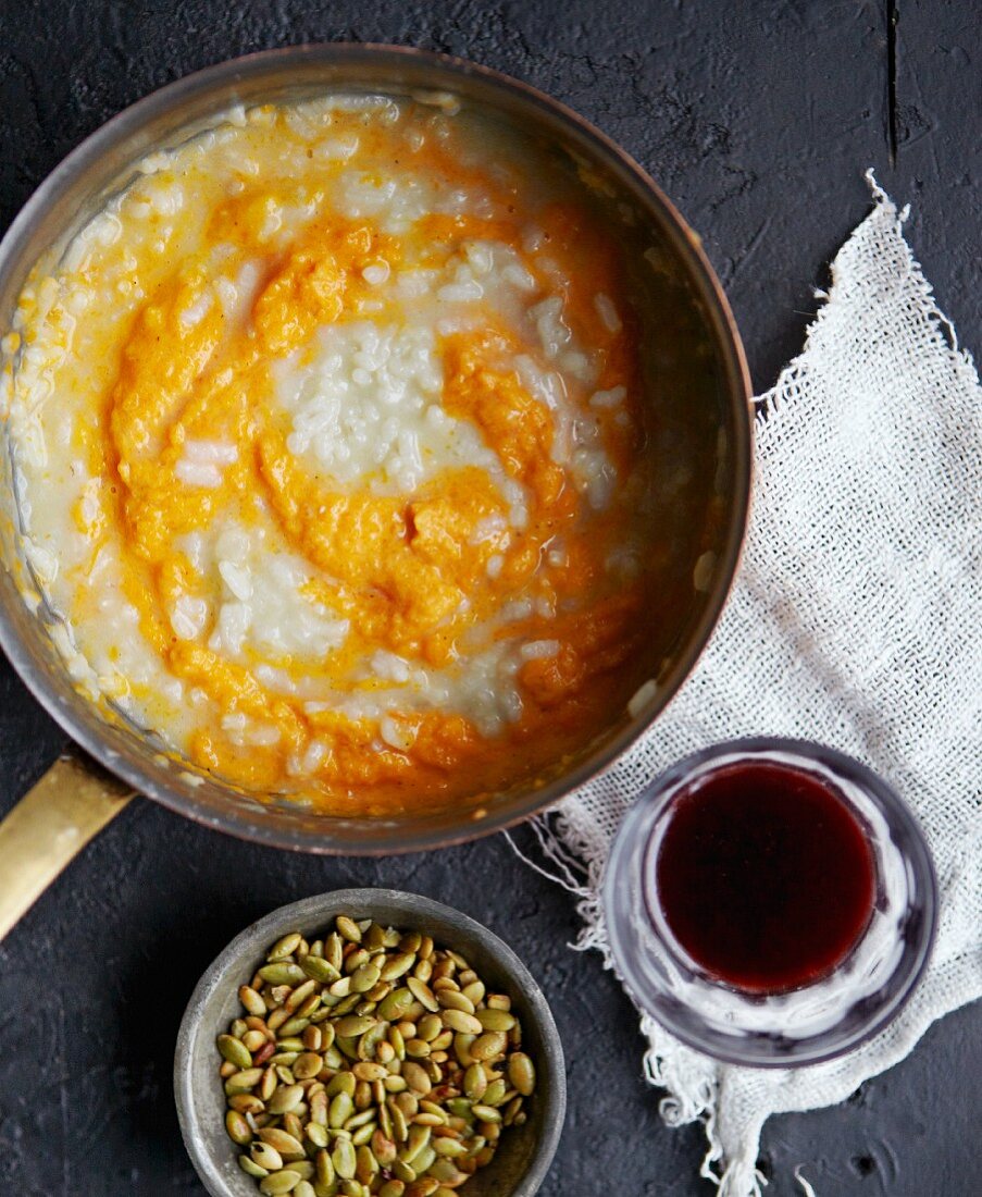 Pumpkin risotto with mashed pumpkin and pumpkin seeds