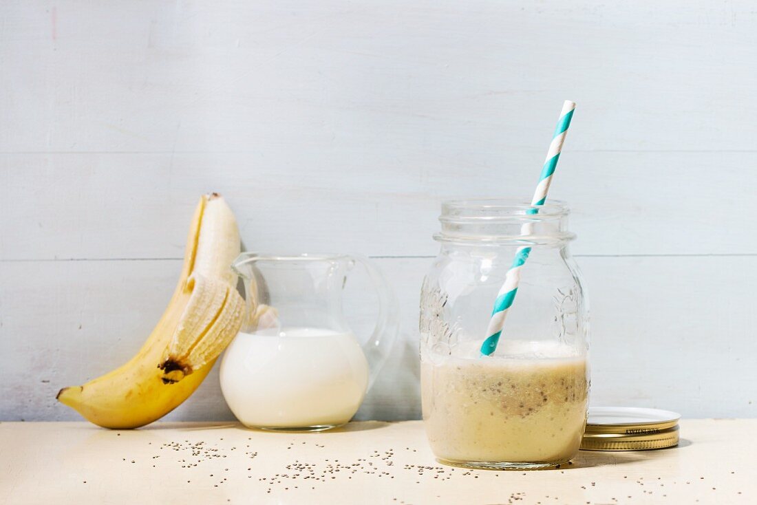 A banana smoothie with chia seeds