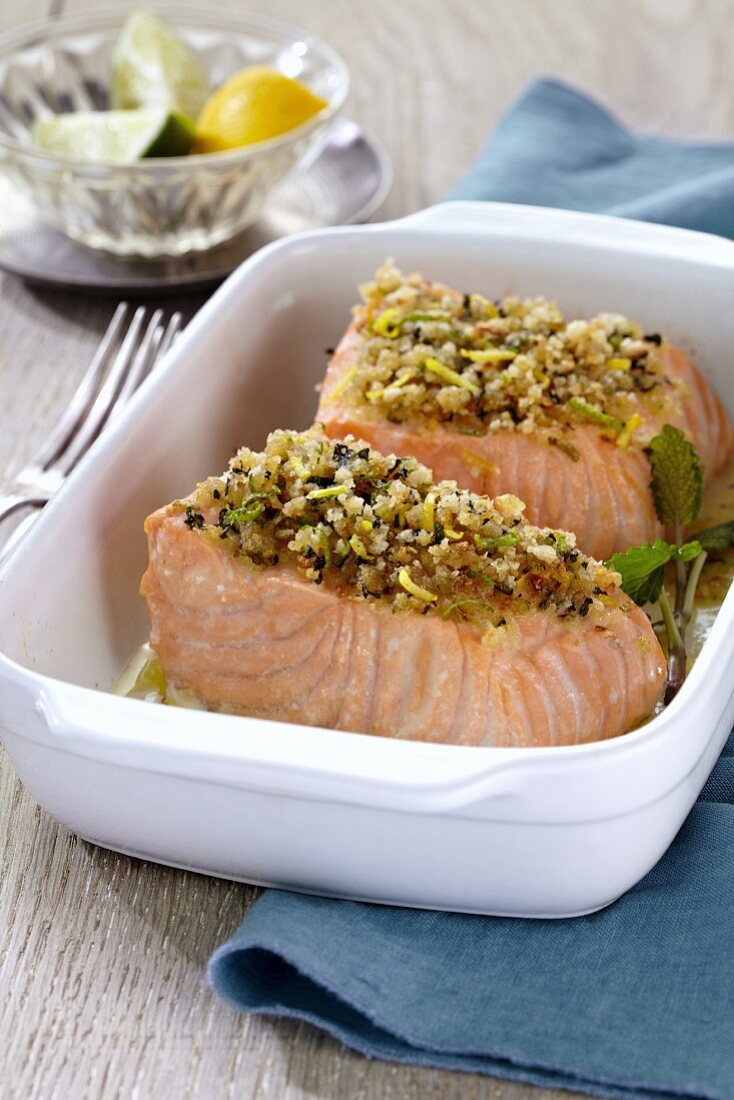 Salmon steaks with a lemon crust