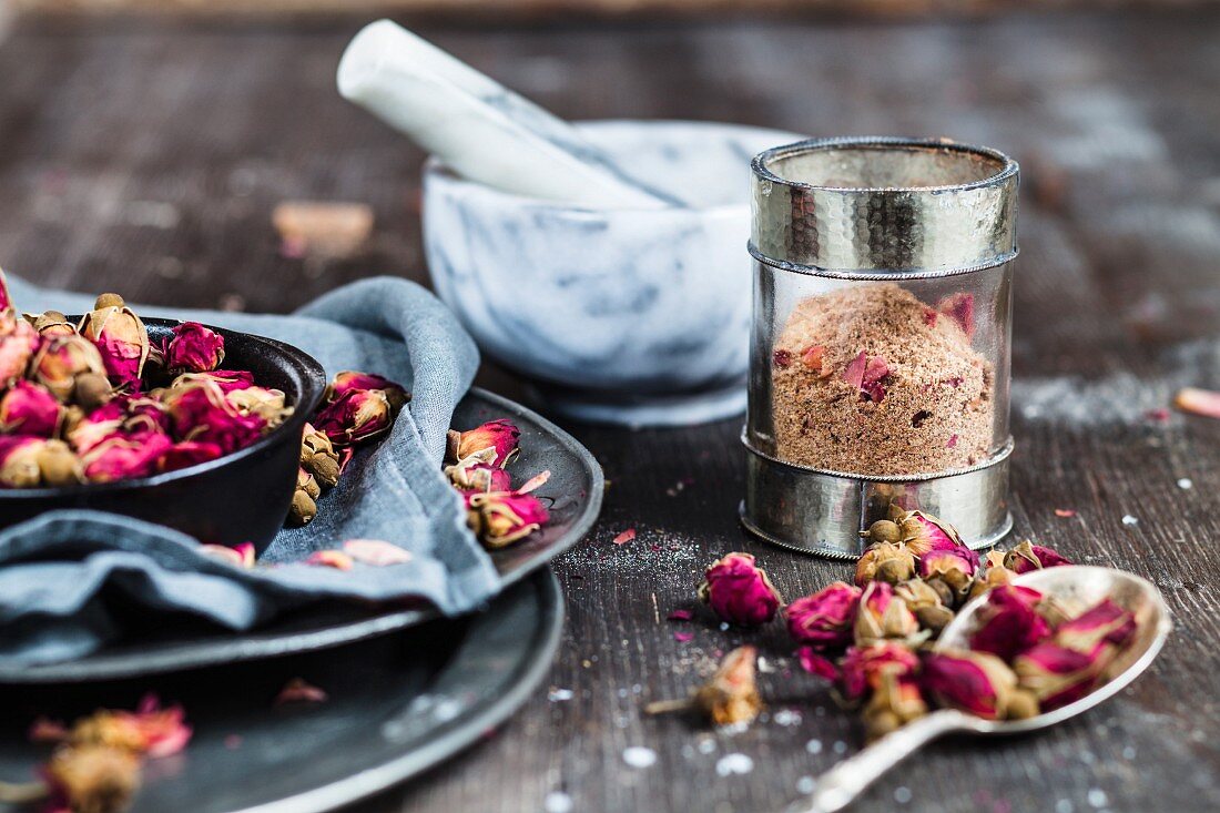 Advieh (Persian spice mixture with dried roses) in a jar
