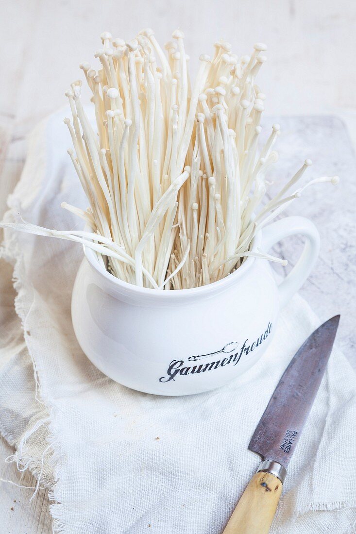 Frische Enoki-Pilze in einer Tasse