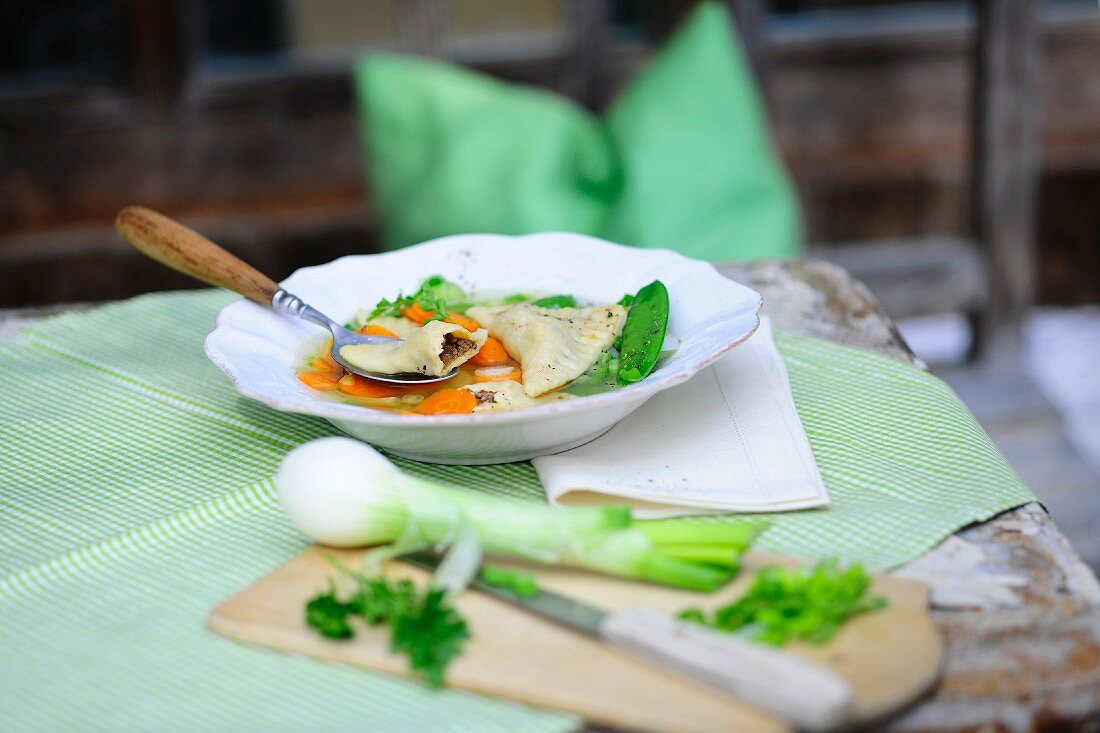 Vegetable soup with ravioli