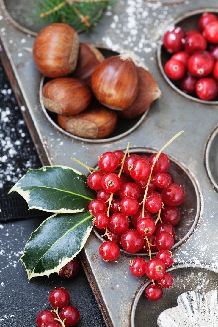 Cranberries, Johannisbeeren und Kastanien in einer alten Backform