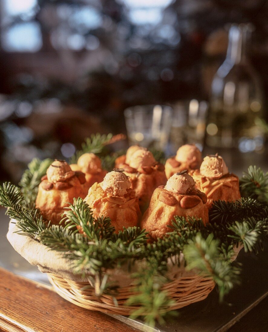 Brioche with foie gras in a basket with pines sprigs