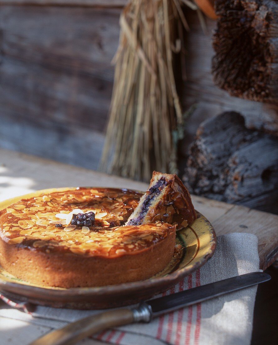 Blueberry cake on rustic wooden table