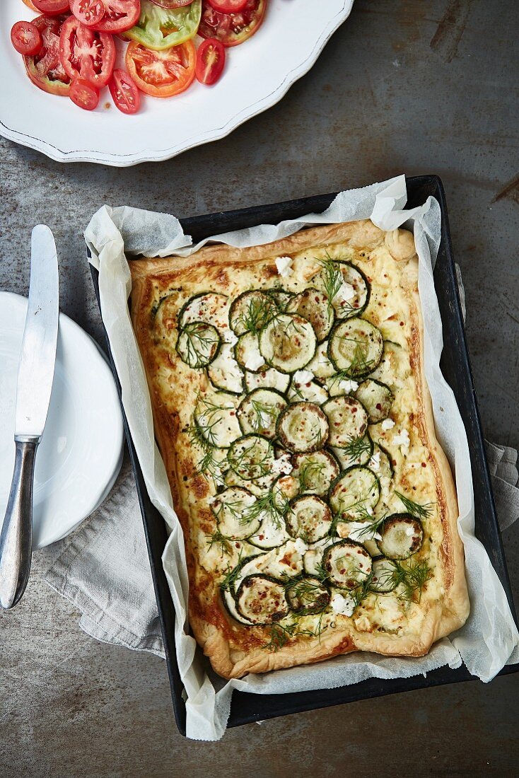 Courgette tart and tomato salad