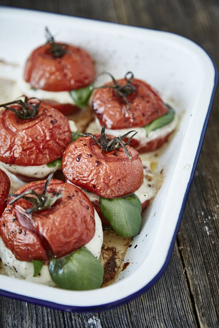 Gebackene Tomaten mit Mozzarella und Basilikum