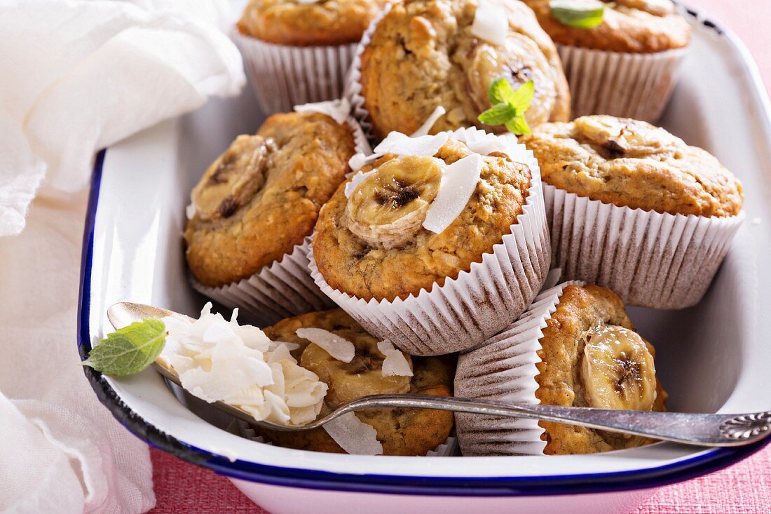 Banana muffins with coconut milk and coconut flakes