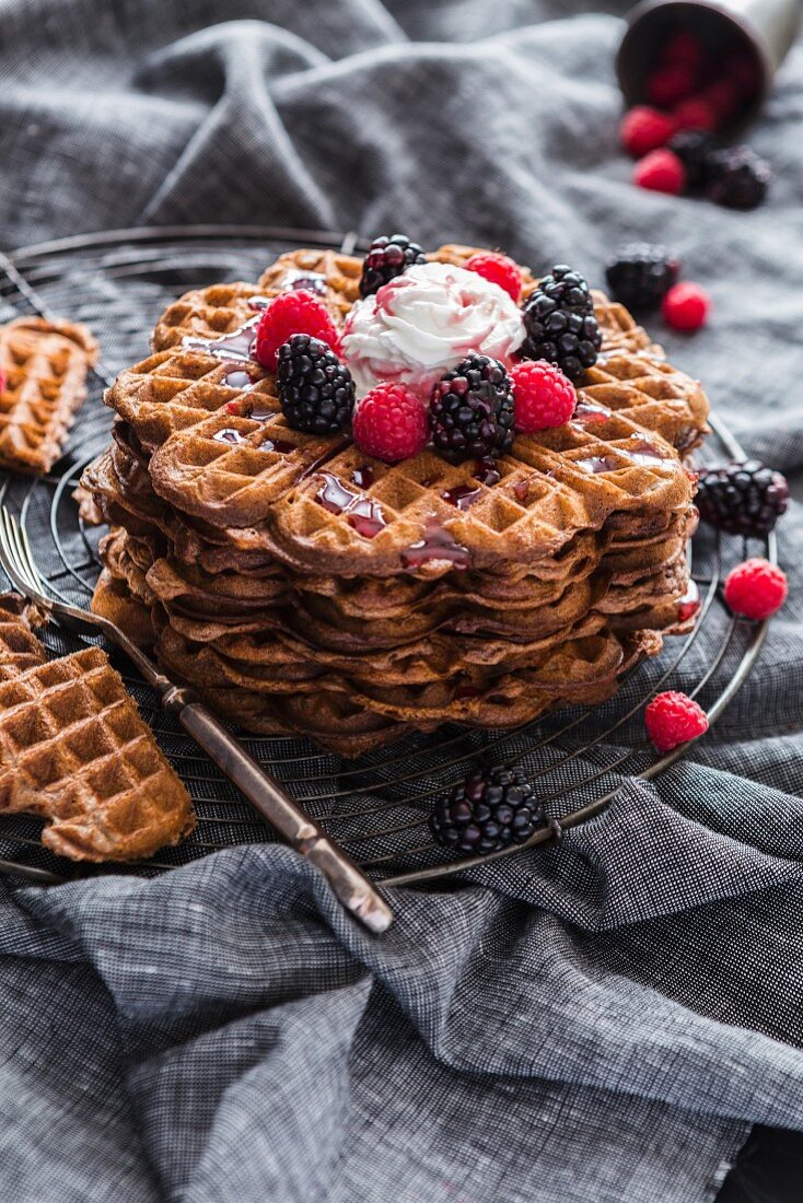 Waffles with cream and berries