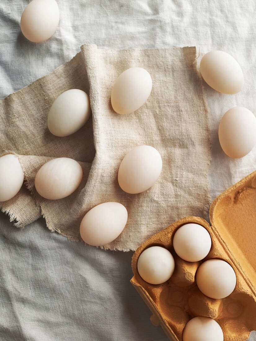 White eggs on a linen tablecloth