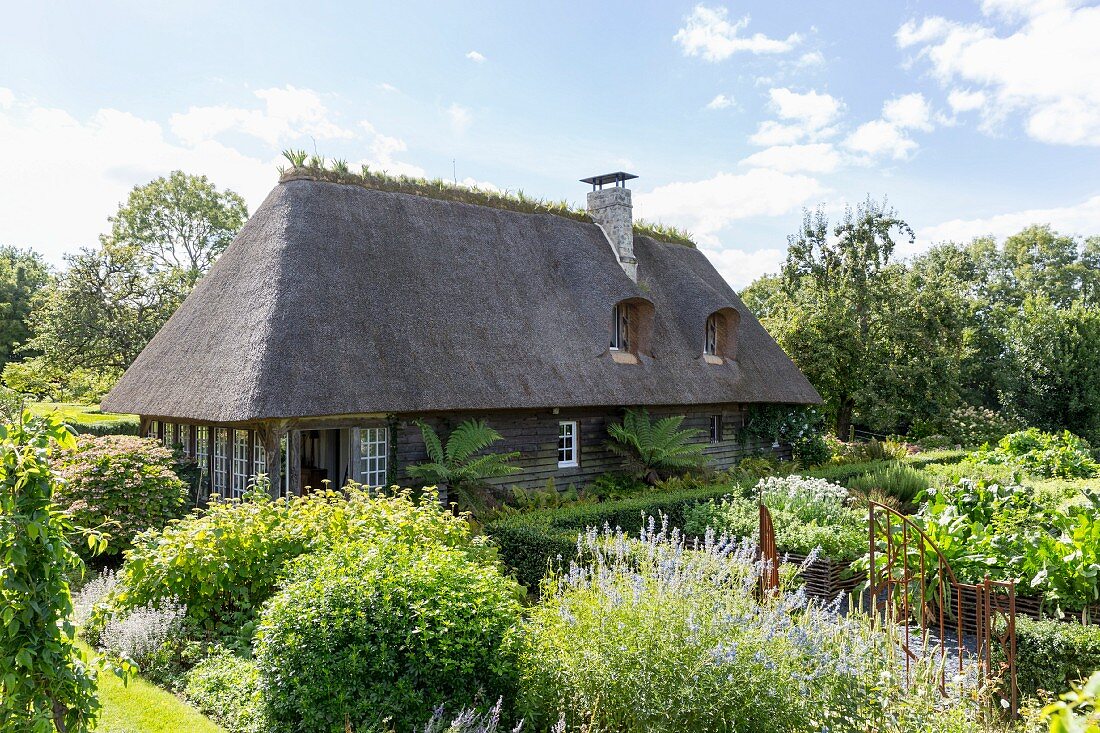 Thatched house in summery cottage garden