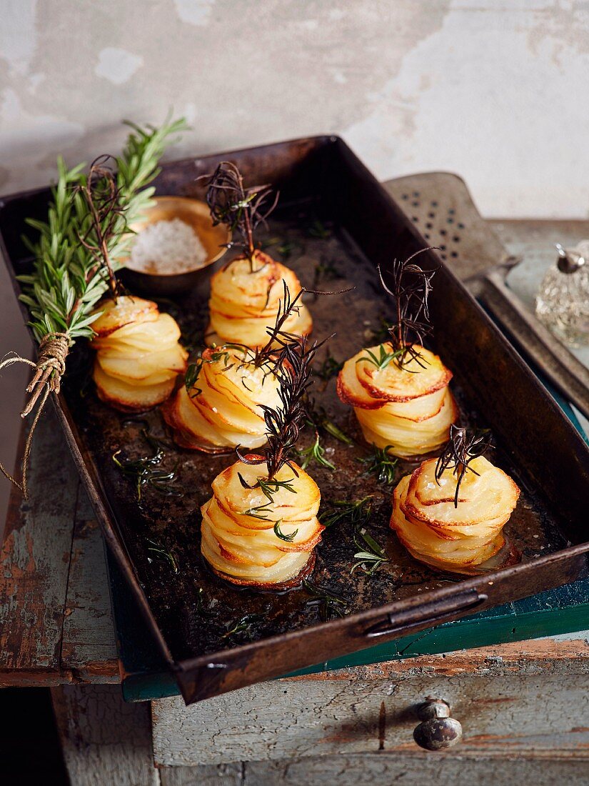 Roasted potato stacks with rosemary and salt
