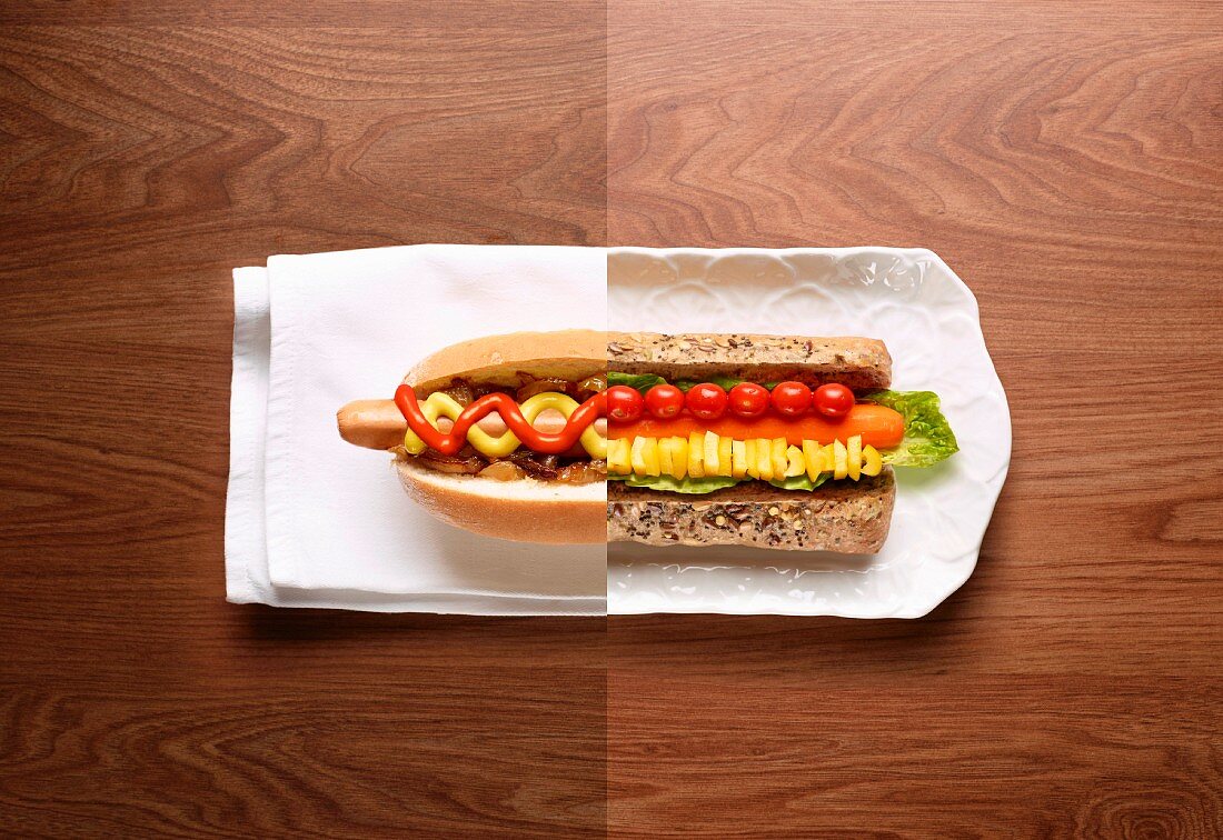 Halb Hot Dog, halb Gemüse Sandwich (Fotomontage)