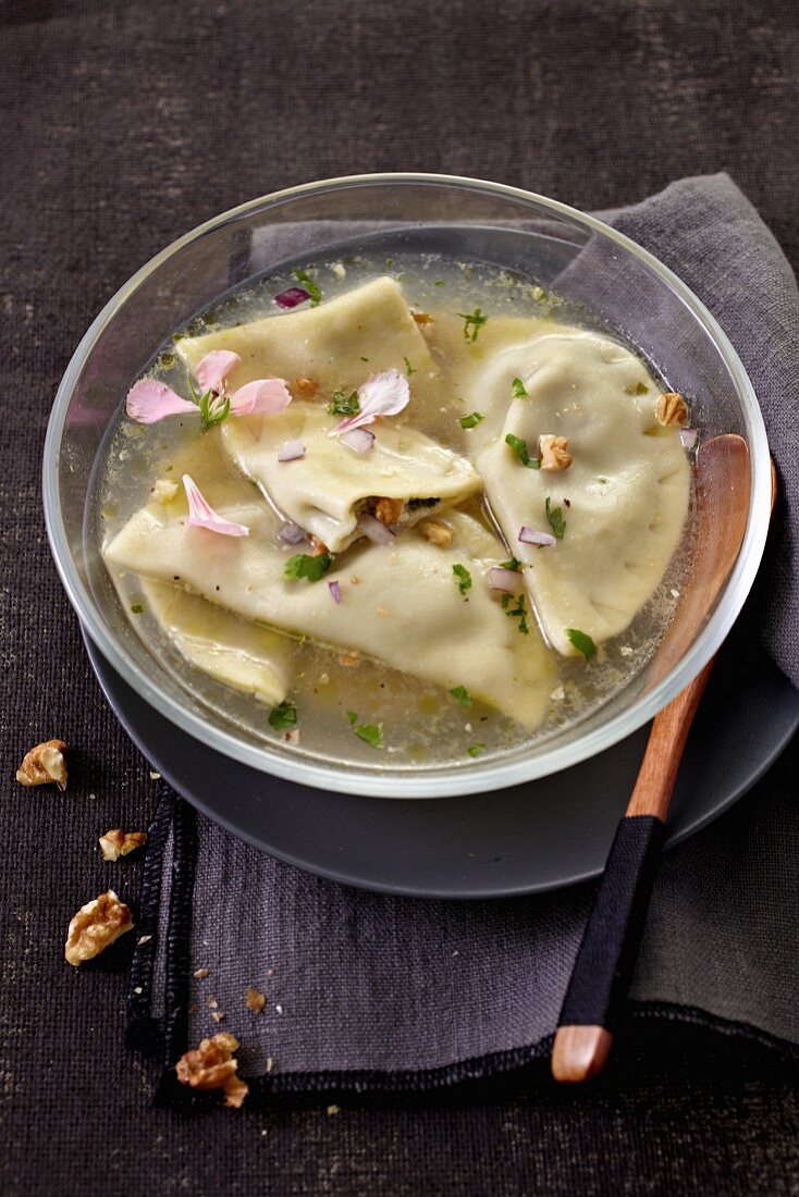 Ravioli filled with Roquefort cheese and walnuts in stock