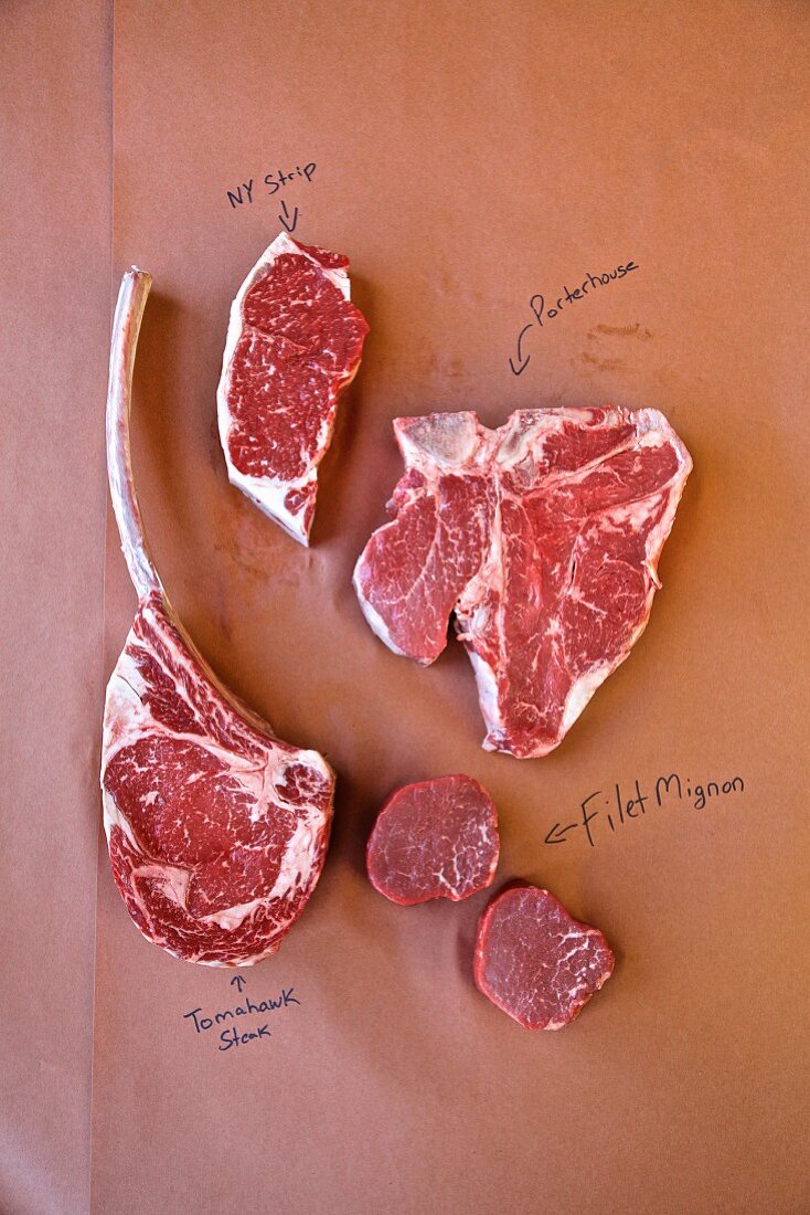 Various cuts of beef on a piece of brown paper