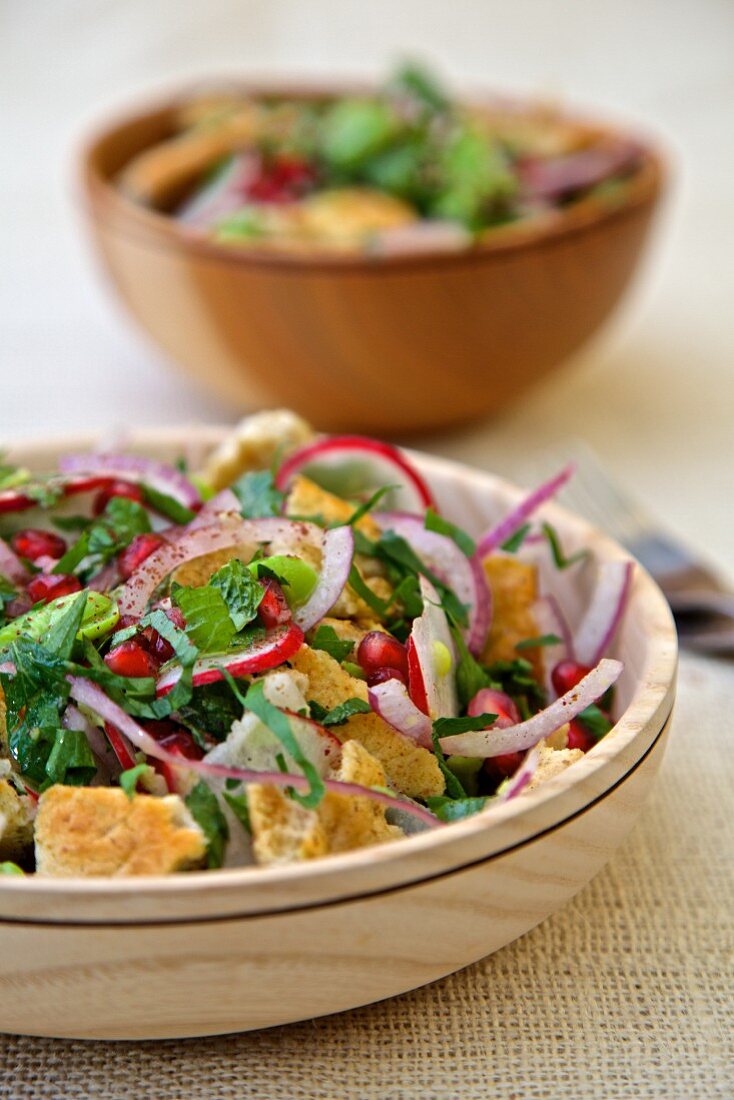 Salad with pomegranate seeds, radishes, onions and croutons