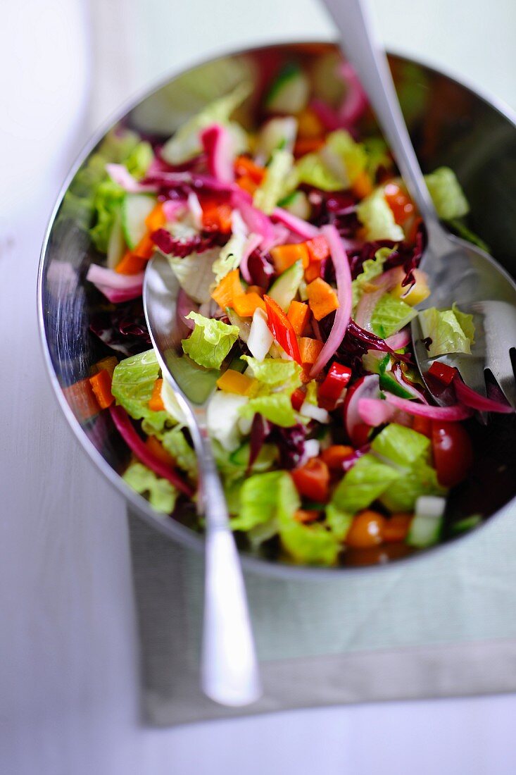 Mixed leaf salad with chopped vegetables in a salad bowl