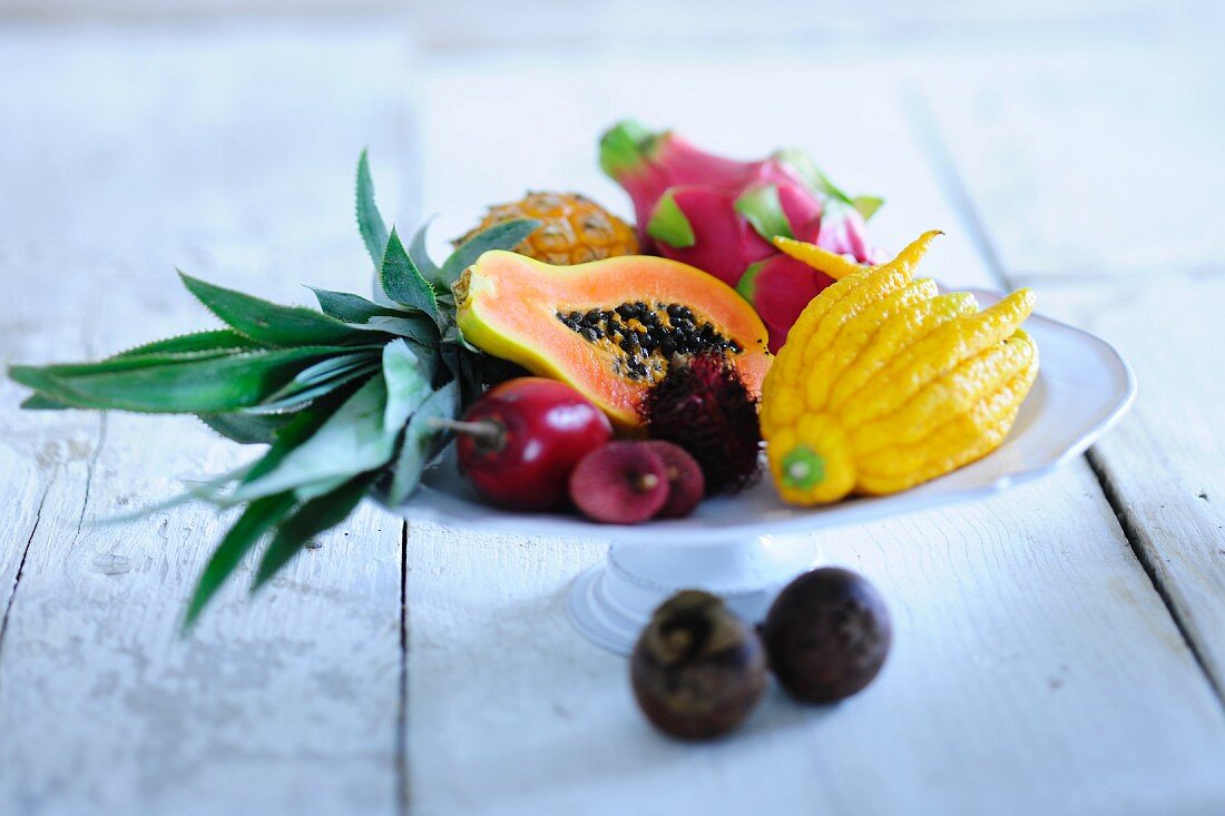 A bowl of exotic fruit