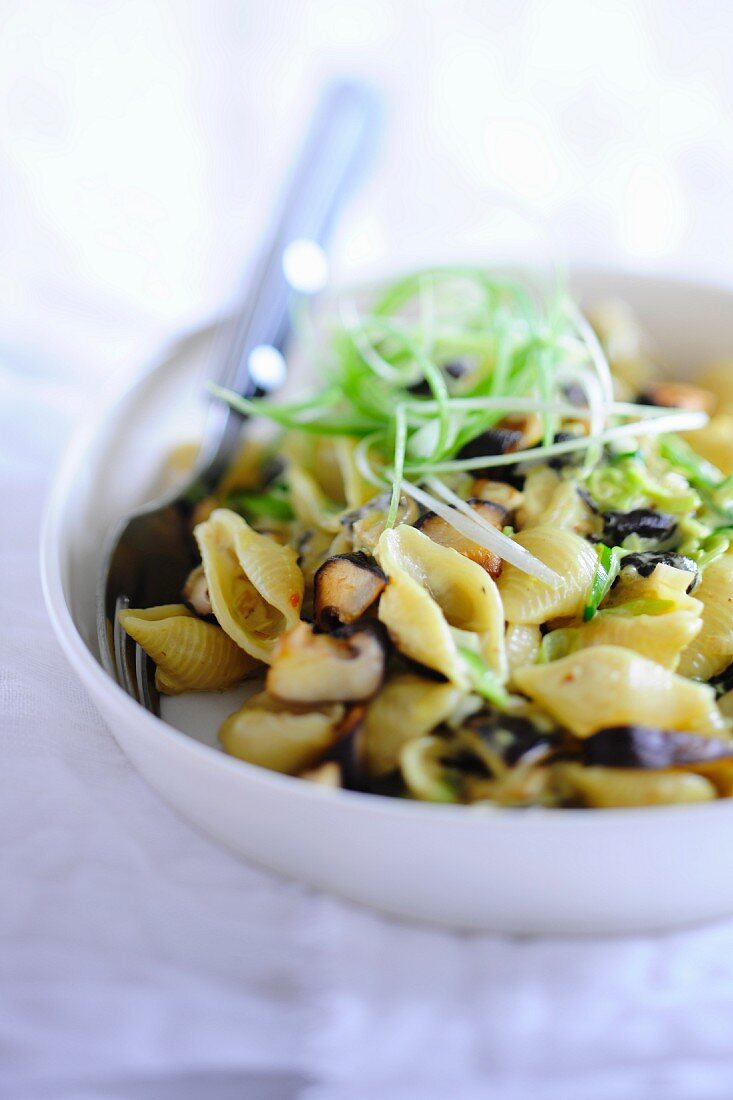 Pasta with shiitake mushrooms and spring onions