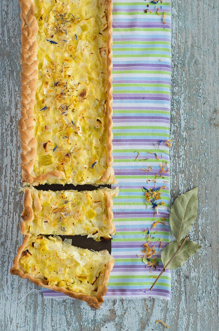 Shortcrust leek tart, sliced