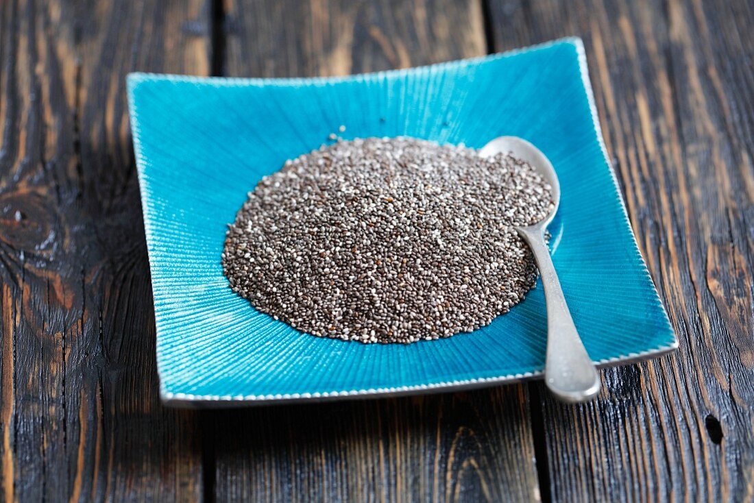 Chia seeds on a plate with a spoon