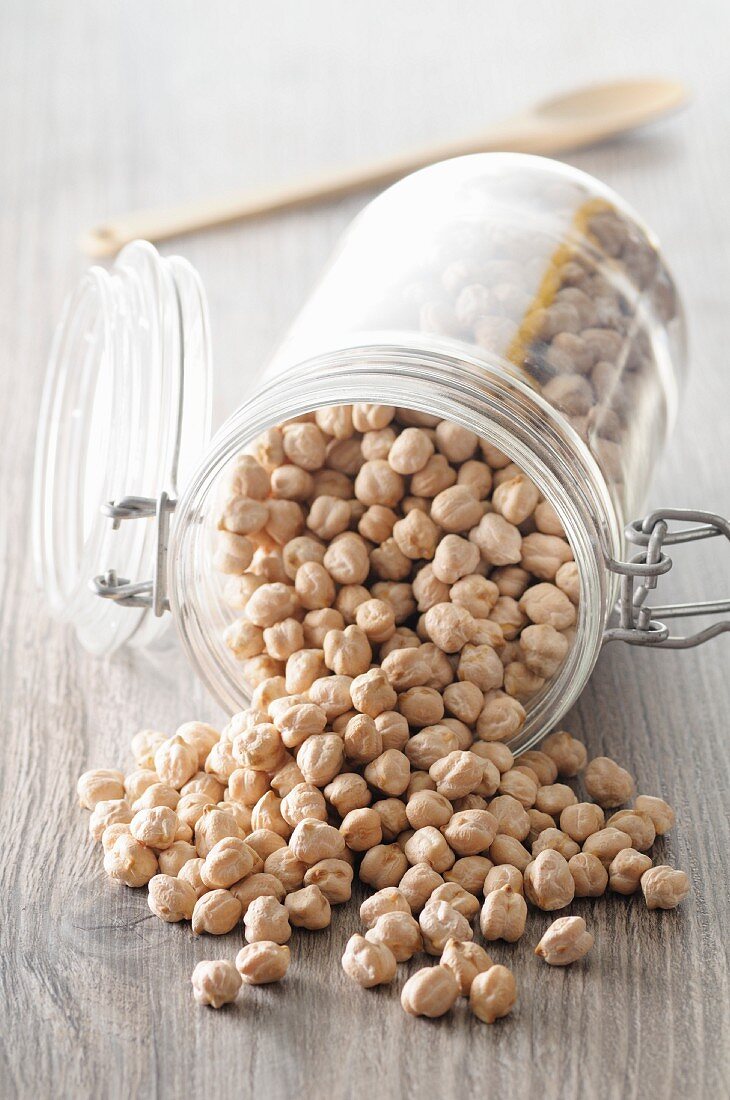 Chickpeas in an overturned jar