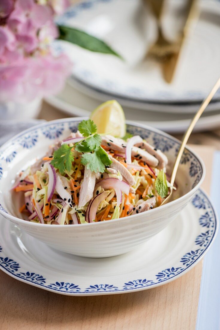 Chicken salad with cabbage, carrots, onions, coconut milk and sesame seeds