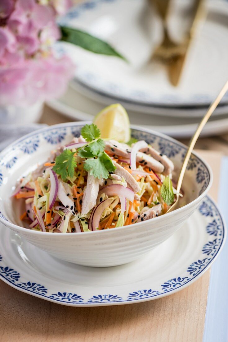 Hähnchensalat mit Kohl, Möhren, Zwiebeln, Kokosmilch und Sesam