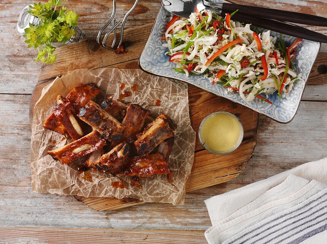 Pork ribs and a cabbage salad
