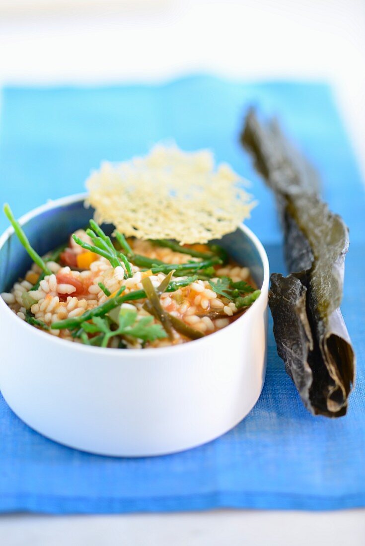 Tomato risotto with samphire and a Parmesan crisp