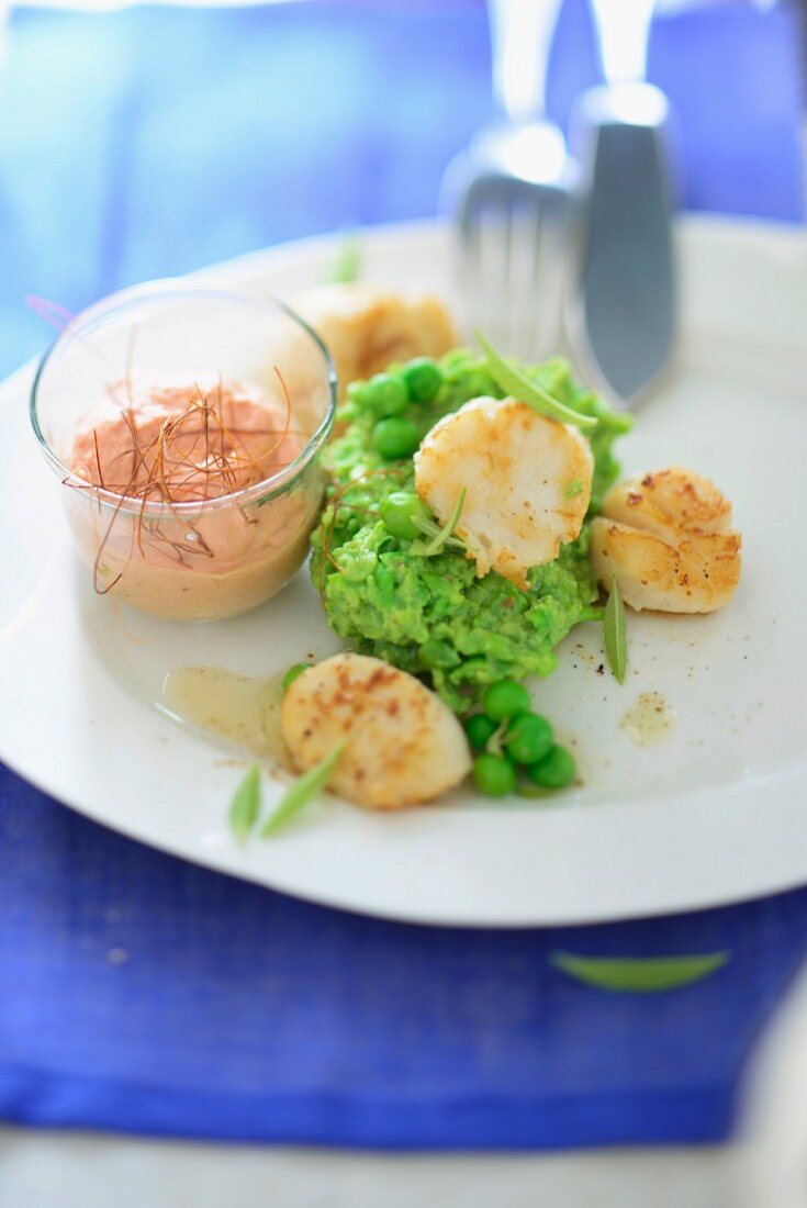 Fried scallops on mushy peas